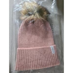 NEW Lively brand adult women's pink winter hat with brown furry pompom